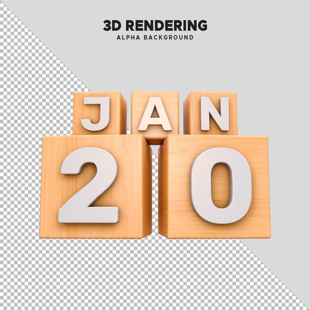 PSD 3d wooden cube with characters of calendar 20th january