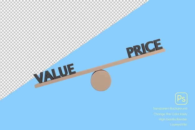 PSD 3d words value and price on wooden seesaw unbalancing on white background xa