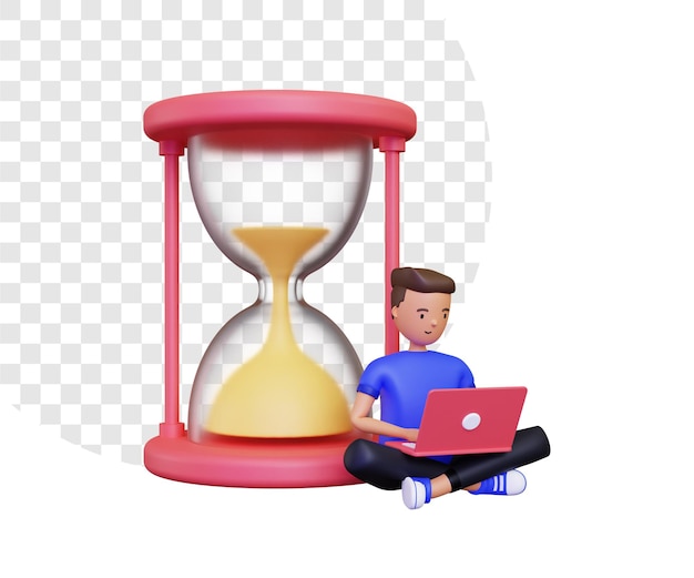 3d working time with a man working on a laptop beside an hourglass