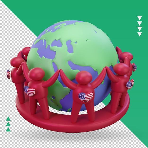 3d World population day people America flag rendering left view