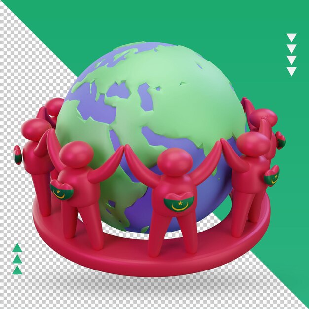 3d World population day people Mauritania flag rendering left view