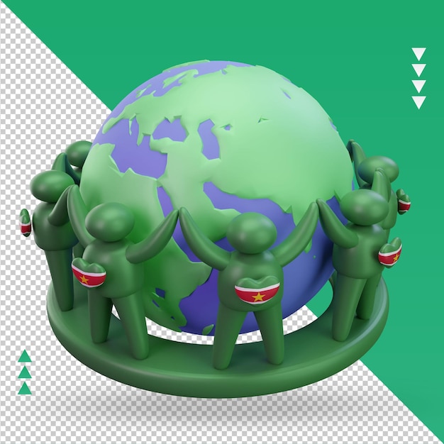 3d World population day people Suriname flag rendering left view