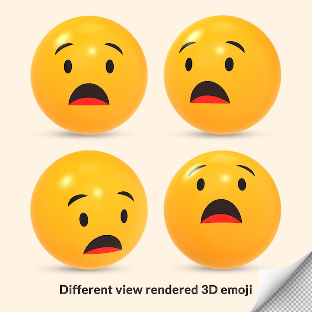 3D worried anxiety disappointment unhappiness face emoji reaction icon with different view rendered