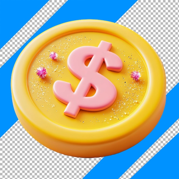 PSD 3d yellow coin with pink dollar sign and sparkles on striped background