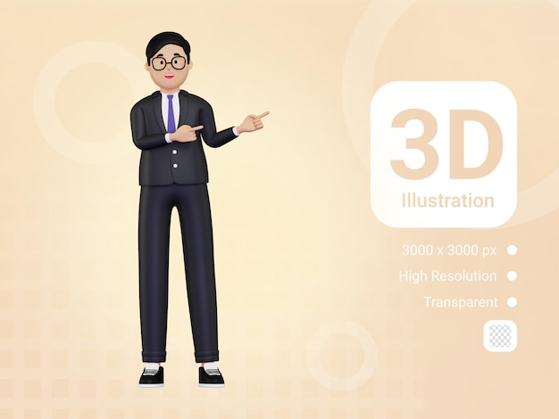 3d Young Businessman pointing to fingers to right side