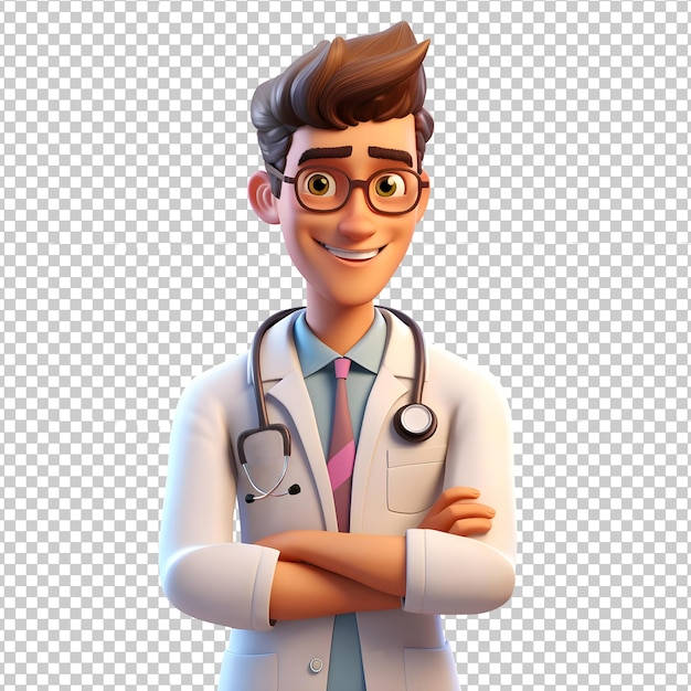 3d Young doctor wearing white coat with stethoscope isolated on transparent background