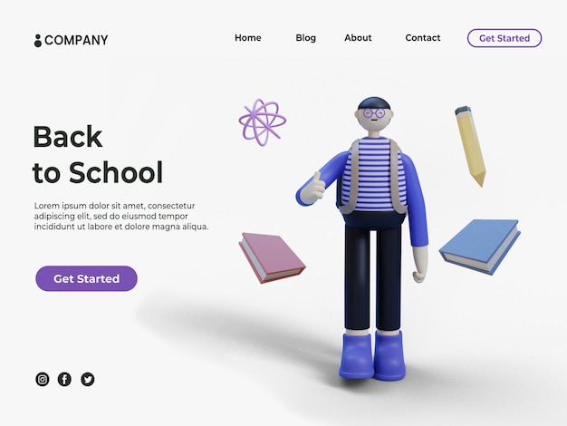 3D young man or student and books with pencil for education background or landing page