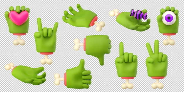 3d zombie hands set in plastic cartoon style