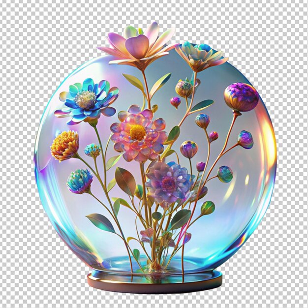 PSD 3dholographic glass of flowers transparent background