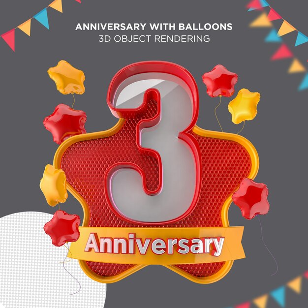 PSD 3th years anniversary celebration with logo 3d render illustration