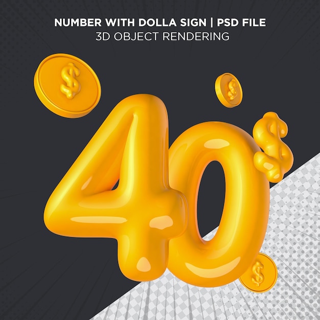 40 dollar number four dollar USD sign Yellow 3d rendering