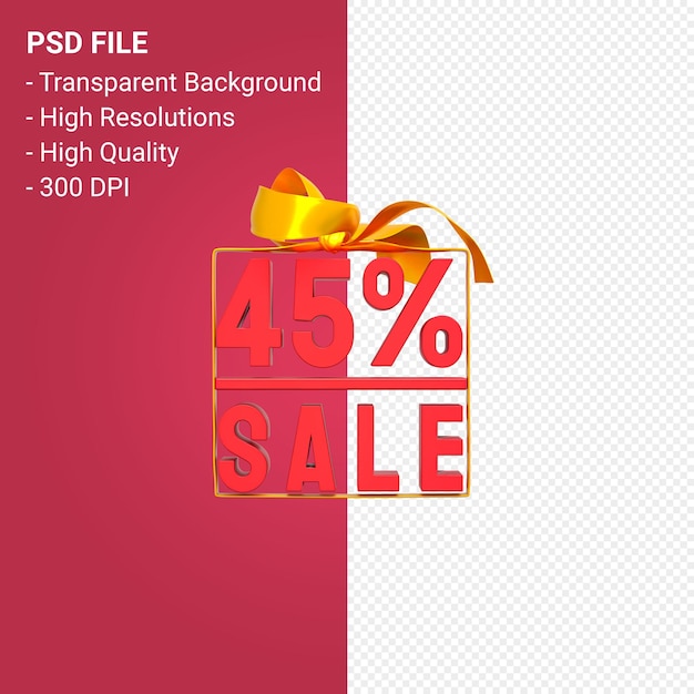 45 sale with bow and ribbon 3d design on isolated background