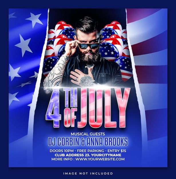 4th of july night dj party flyer or social media post template design