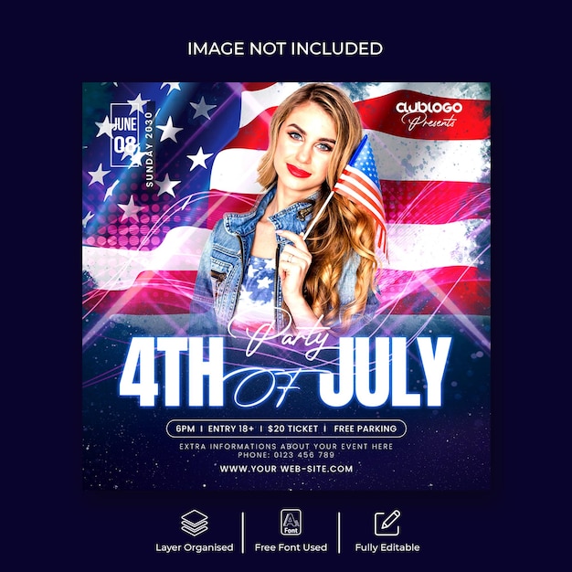 4th of july night dj party flyer or social media post template design