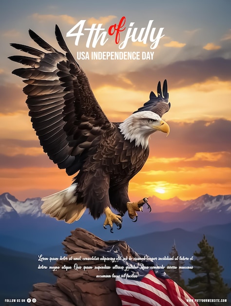 PSD 4th of july poster from a beautiful bald eagle with american flag and the sunset in background