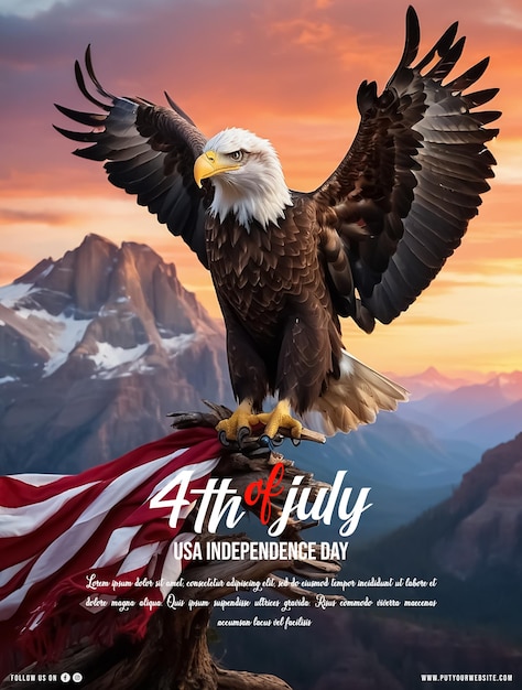 PSD 4th of july poster from a beautiful bald eagle with american flag and the sunset in background