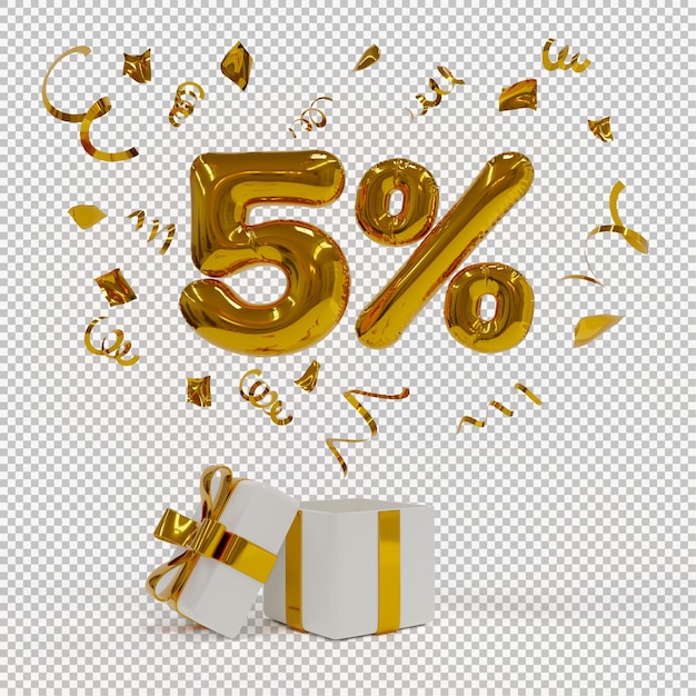 5 off discount promotion sale 3d gold balloons with confetti and gift box