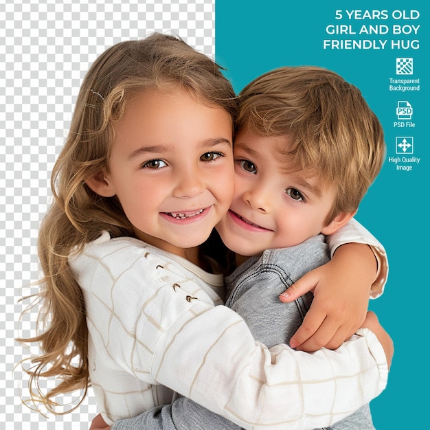 PSD 5 years old girl and boy friendly hug isolated on transparent background psd