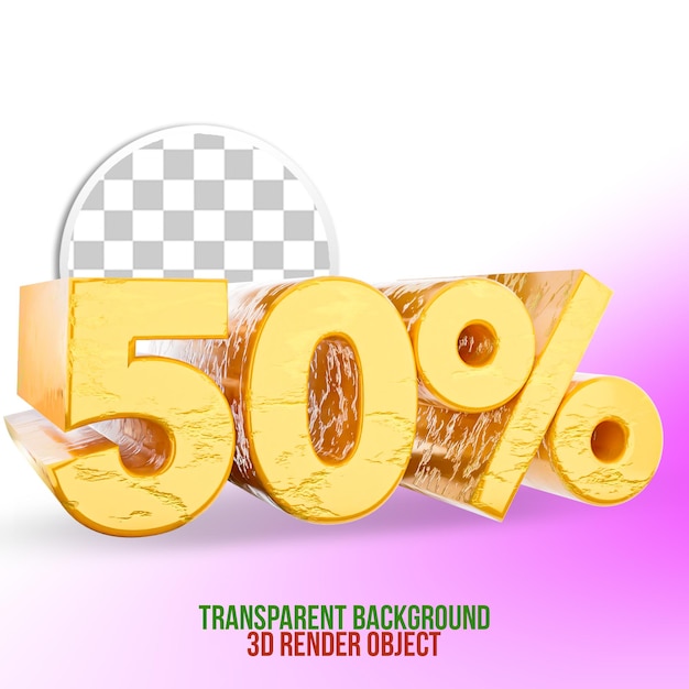 50 percent 3D Render object with golden colour transparent background