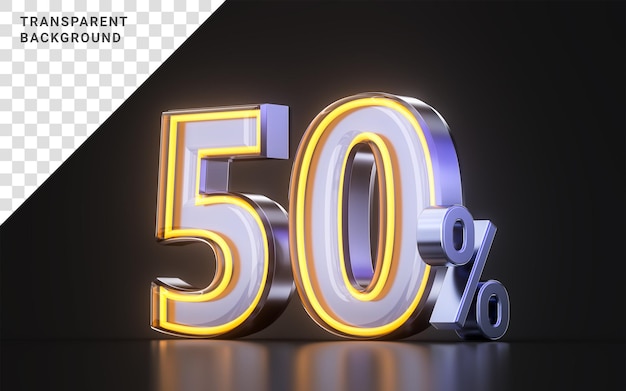 50 percent discount offer icon with metal neon glowing light on dark background 3d illustration