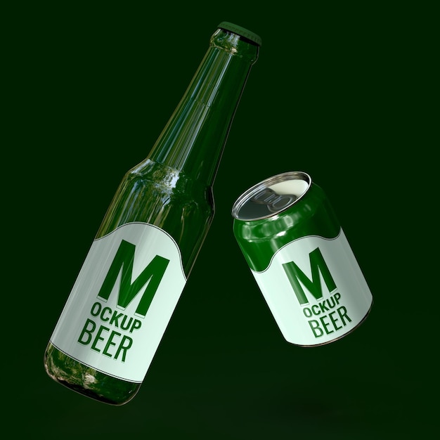 500 ml Green Beer bottle and beer can PSD mockup Type 2