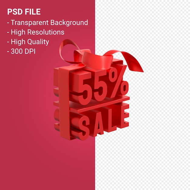 55 percentage sale with bow and ribbon 3d design isolated 