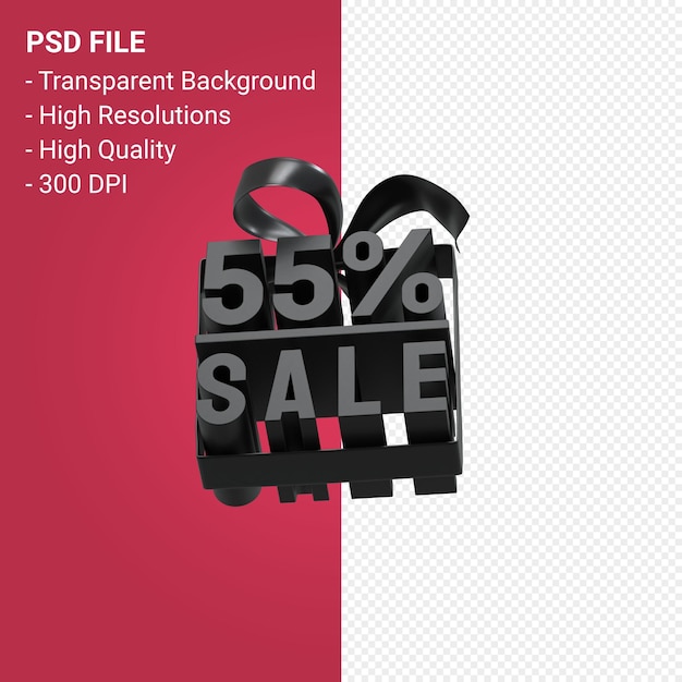 55 sale with bow and ribbon 3d design on isolated background