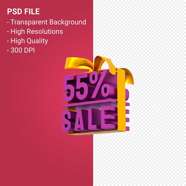 55 sale with bow and ribbon 3d design on isolated background