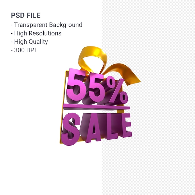 55% sale with bow and ribbon 3d design isolated