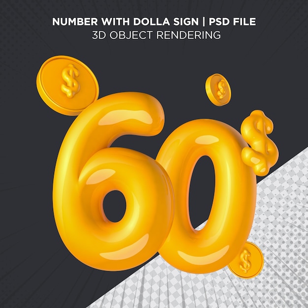 60 dollar number sixty dollar USD sign Yellow 3d rendering