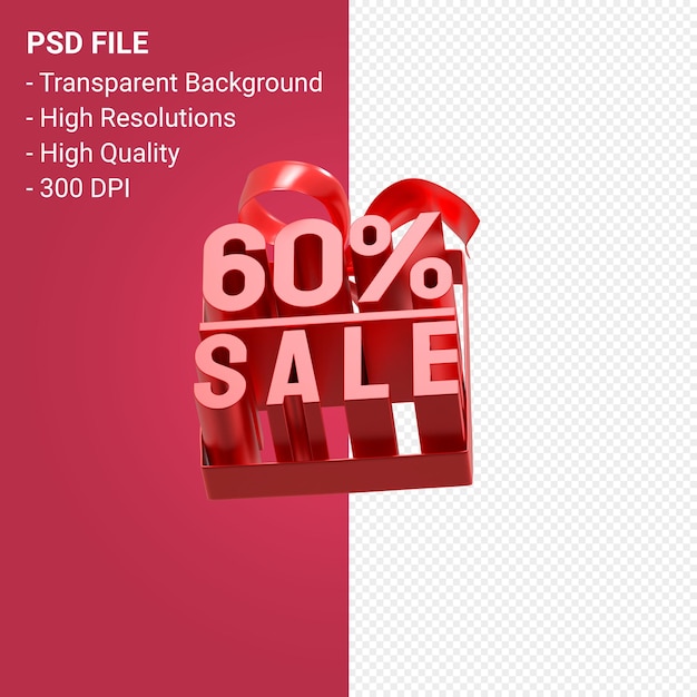 60 sale with bow and ribbon 3d design on isolated background