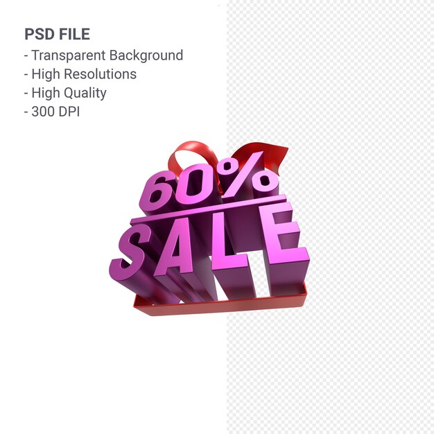 60% sale with bow and ribbon 3d design isolated