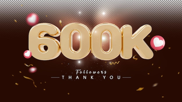 600k follower number gold 3d