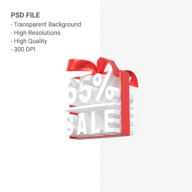 65% sale with bow and ribbon 3d design isolated