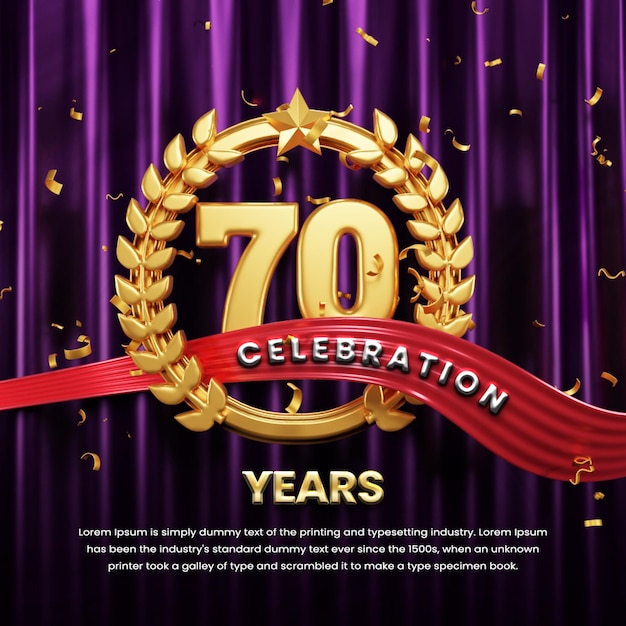 70 Anniversary celebration background with ribbon and confetti or anniversary celebration post