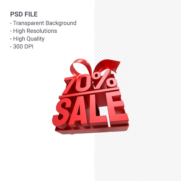 70% sale with bow and ribbon 3d design isolated