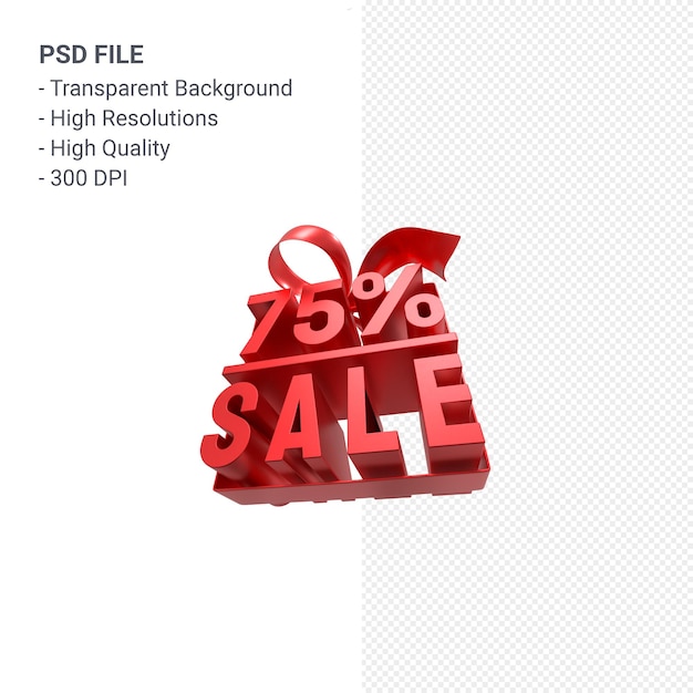 75% sale with bow and ribbon 3d design isolated