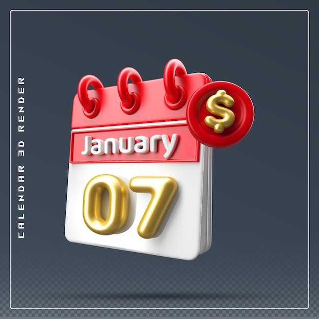 7th January Calendar with Dollar Icon 3D Render