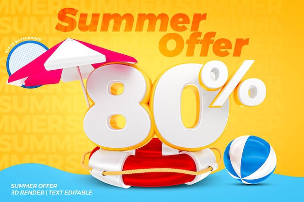 80 percent summer offer realistic concept 3d render 