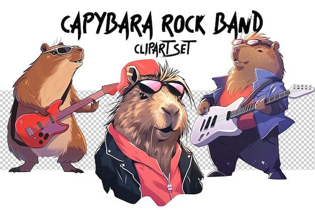 80s Rock Band Capybaras Clipart Design