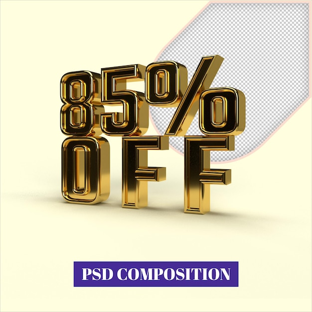 85 Off. Discount creative composition. 3d Golden sale symbol with decorative objects