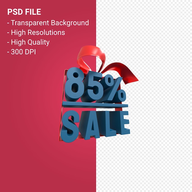 85 percentage sale with bow and ribbon 3d design isolated 