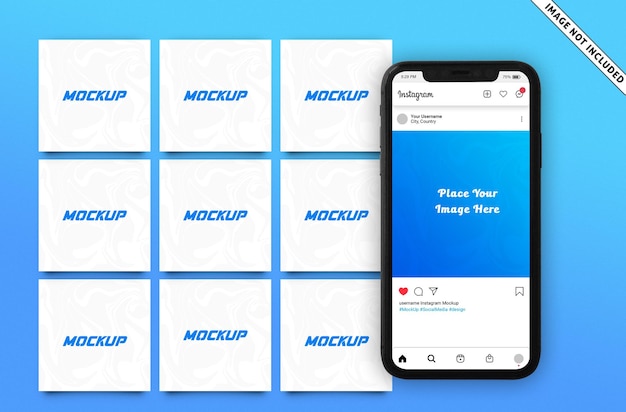 PSD 9 post feed for instagram mockup template with mobile phone