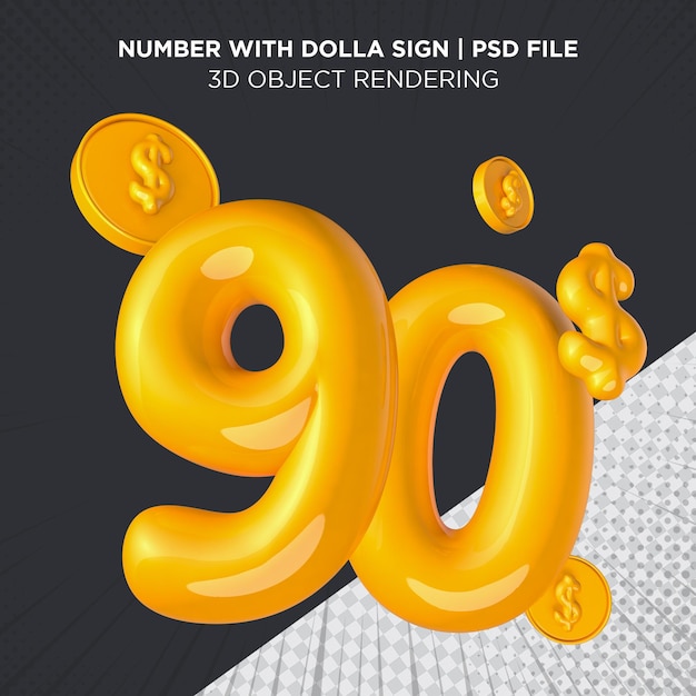 90 dollar number Ninety dollar USD sign Yellow 3d rendering