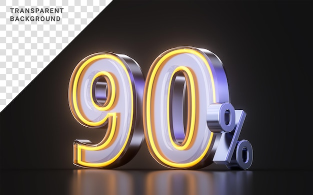 90 percent discount offer icon with metal neon glowing light on dark background 3d illustration