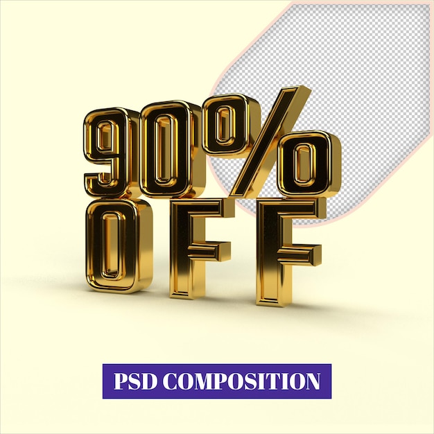 90 percent off on white background. 3d render gold metal discount