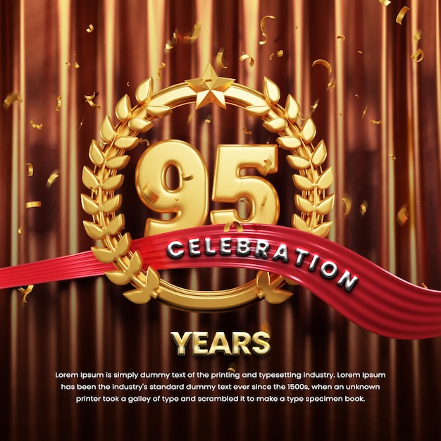 95 Anniversary celebration background with ribbon and confetti or anniversary celebration post