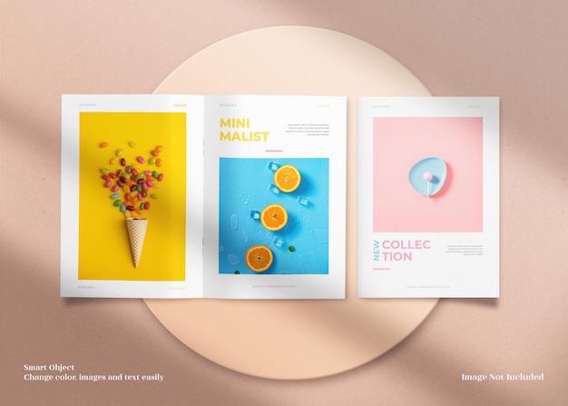 A4 bi-fold cover and opened minimalist magazine or brochure mockup