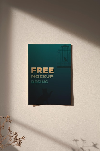 PSD a4 cover magazine mockup va poster on a wall that says free moving