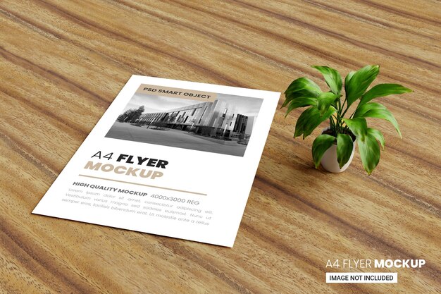 A4 flyer poster mockup in 3D render with green leaf and wooden background